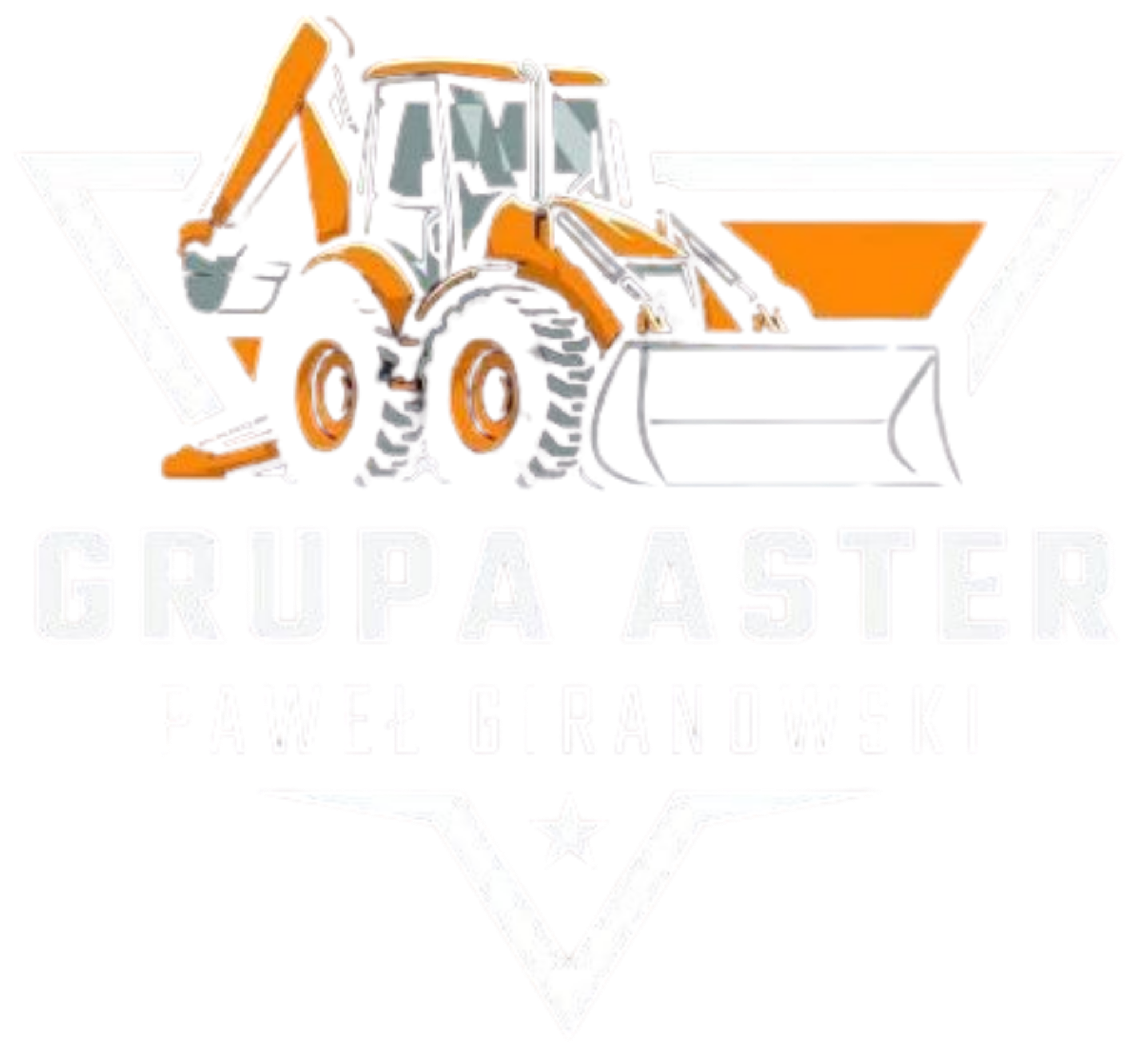 Logo Grupa Aster przedstawiające koparko-ładowarkę i wywrotkę w kolorze pomarańczowym, symbolizujące usługi prac ziemnych i transportowych.